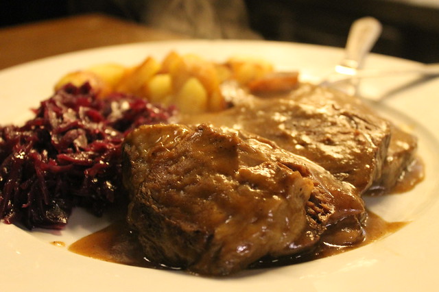 Stewed beef with red cabbage and sauteed potatoes