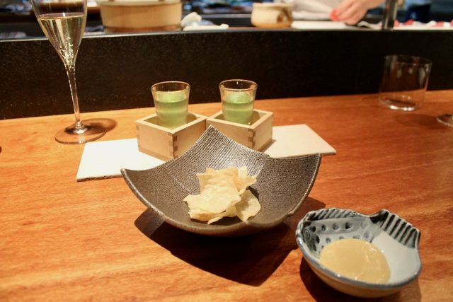 Gin tonic de té verde, cremita de miso, foie, mandarina japonesa y sake Koy Shunka Barcelona