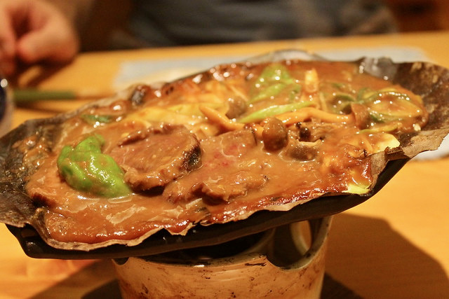 Hida beef grilled with miso paste on hoba leaf